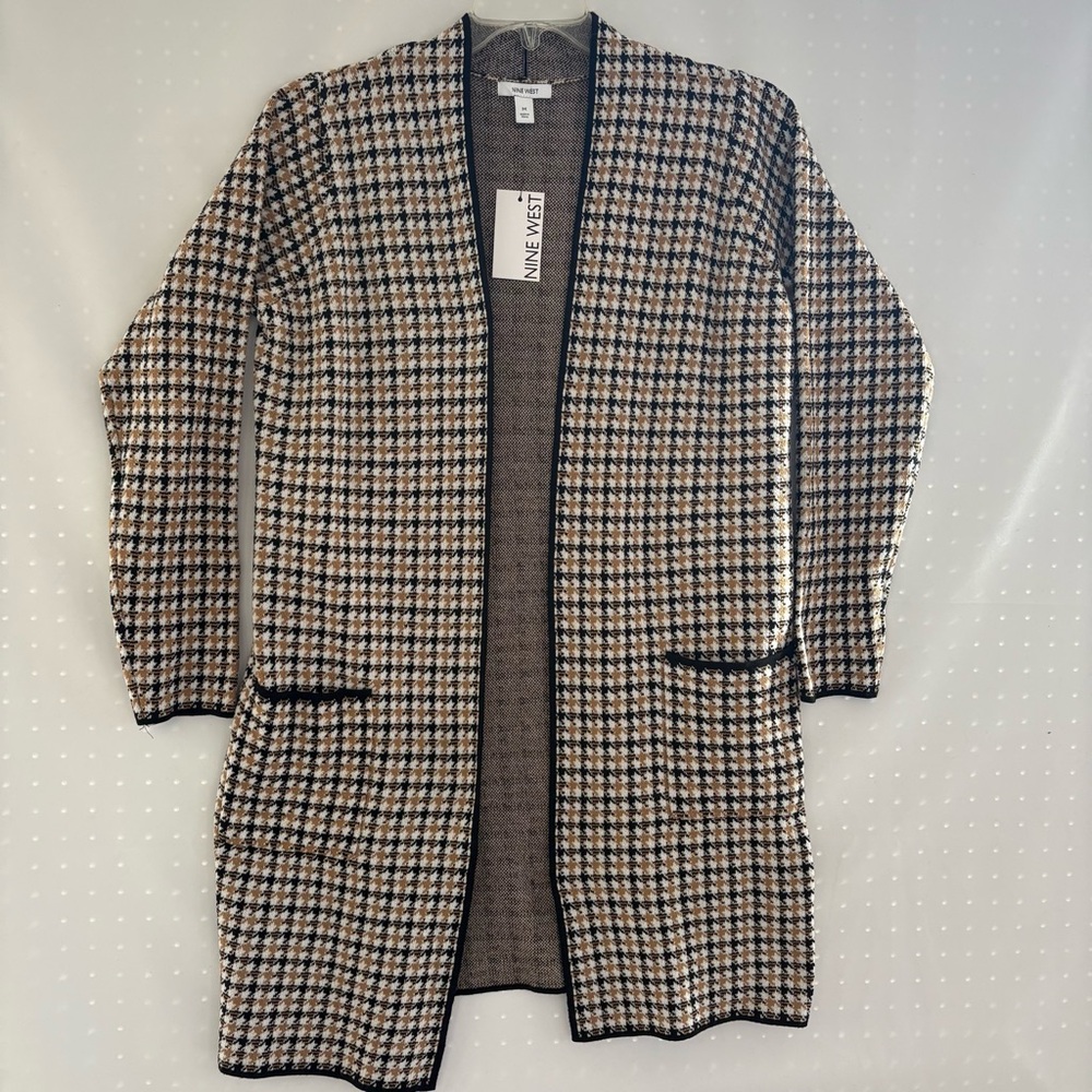 NWT Nine West Black and Tan Houndstooth open Front Coat Size M.  INV25/222